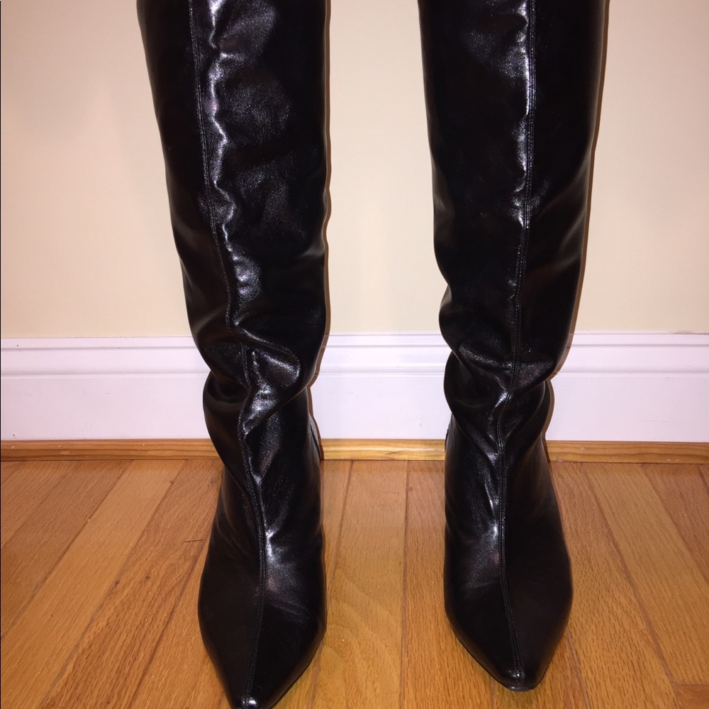 Black leather heel knee boots with lace in back